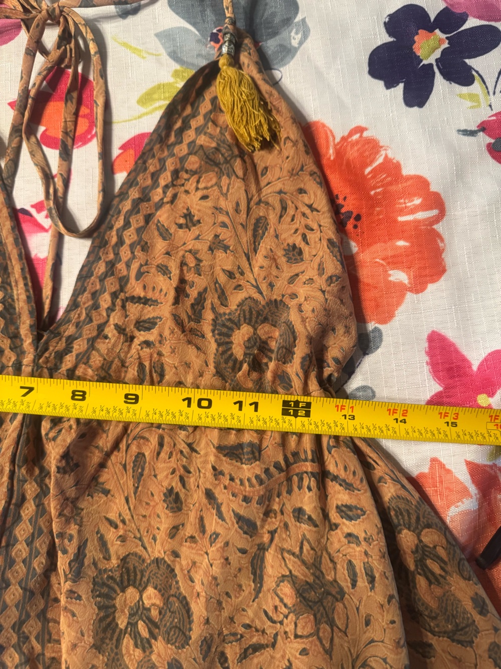Karma Highway Boho Halter Mini Dress One Size Brown Floral Tassel Tie India B9 - Picture 6 of 9